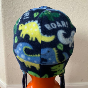 Reversible Dino Kids Fleece Beanie Hat with Earflaps and Ties
