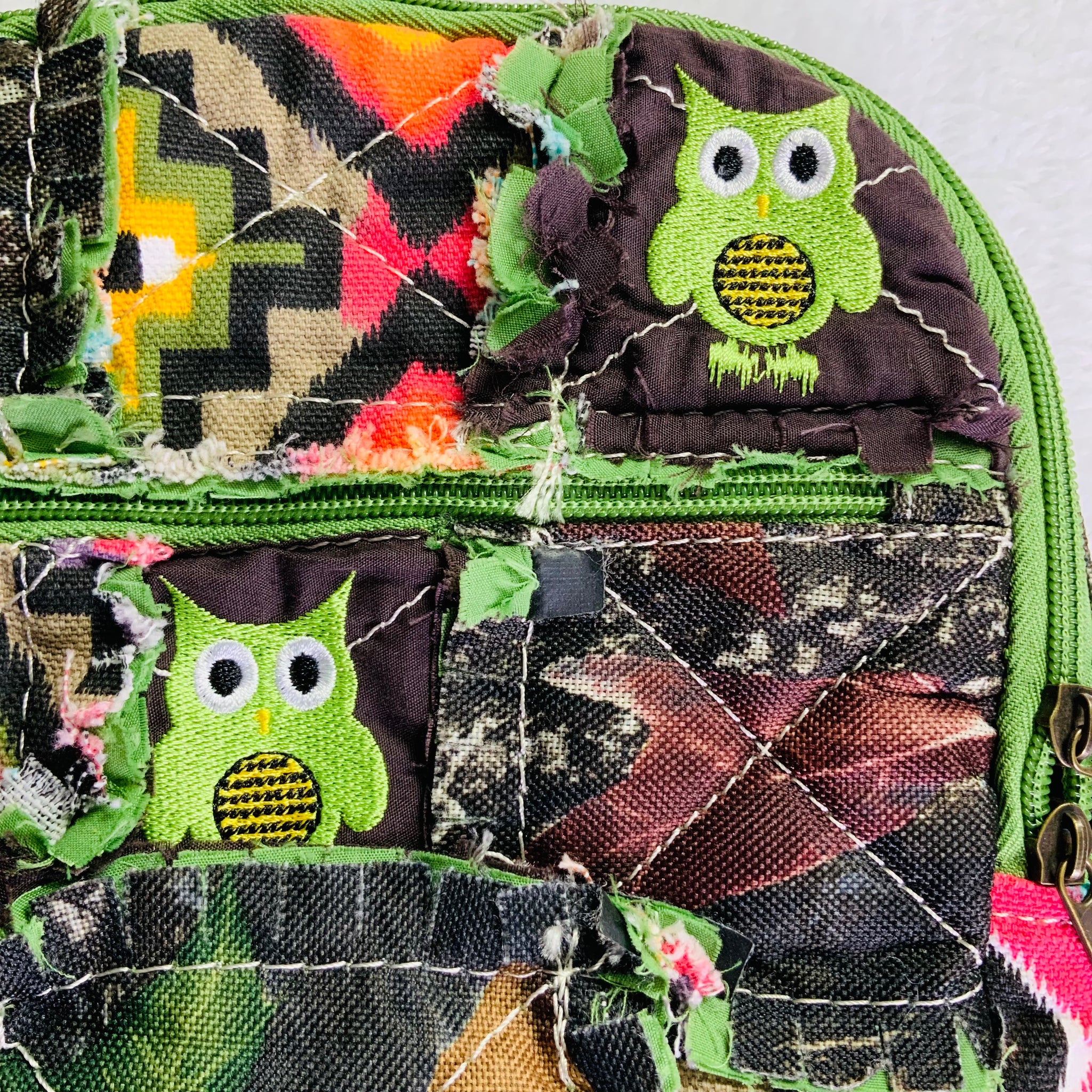 Embroidered Owl Quilted Bag Green Backpack Bag