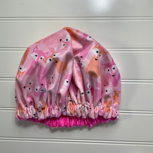 Kids Satin Lined Cuddle Bonnet Foxes on Electric Pink