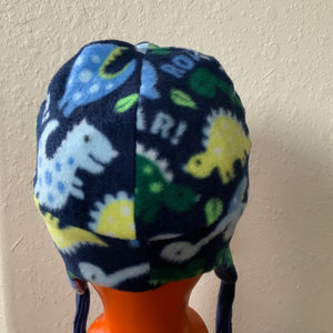 Kids Reversible Dino Fleece Beanie Hat with Earflaps and Ties