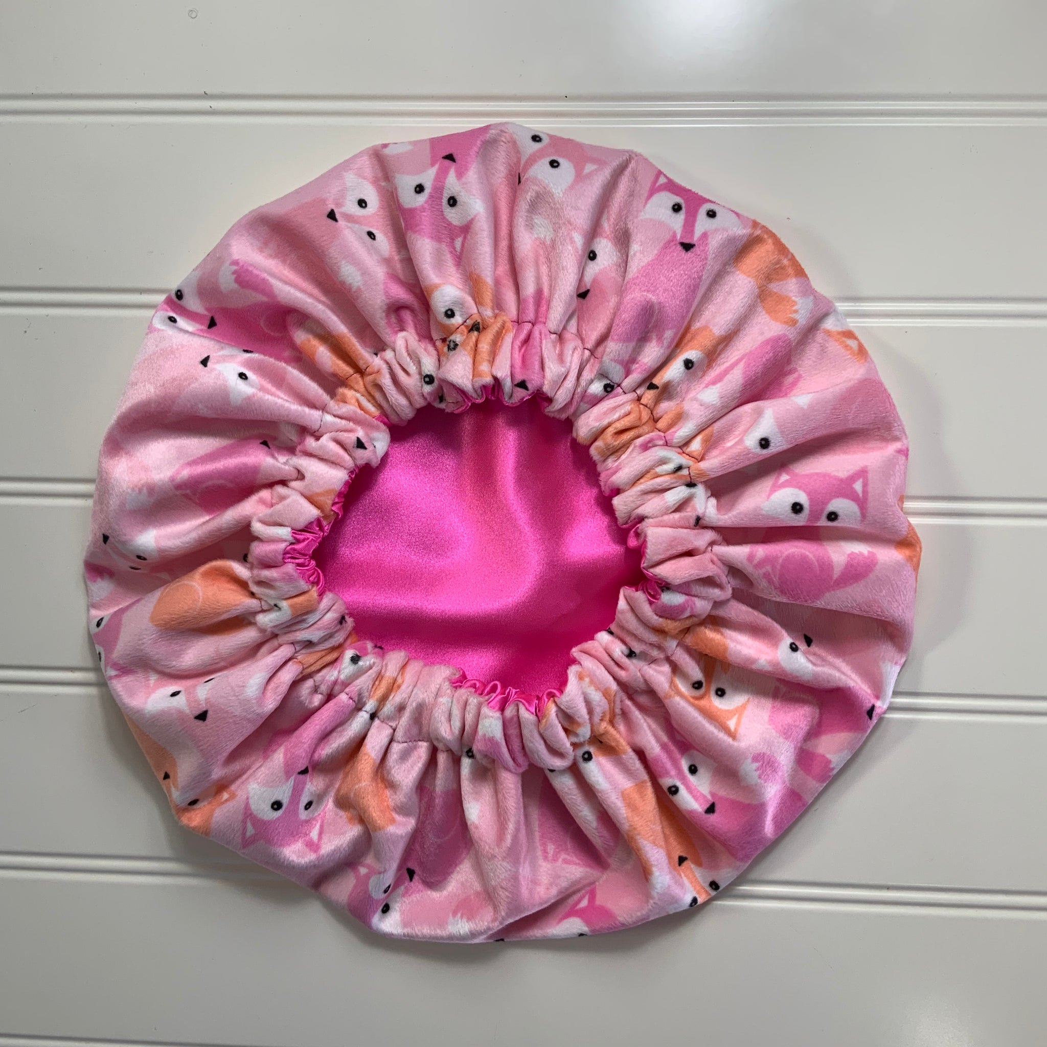 Foxes on Pink Plush Satin Lined Bonnet Electric Pink