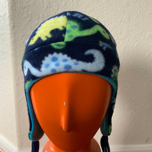 Reversible Dino Kids Fleece Beanie Hat with Earflaps and Ties