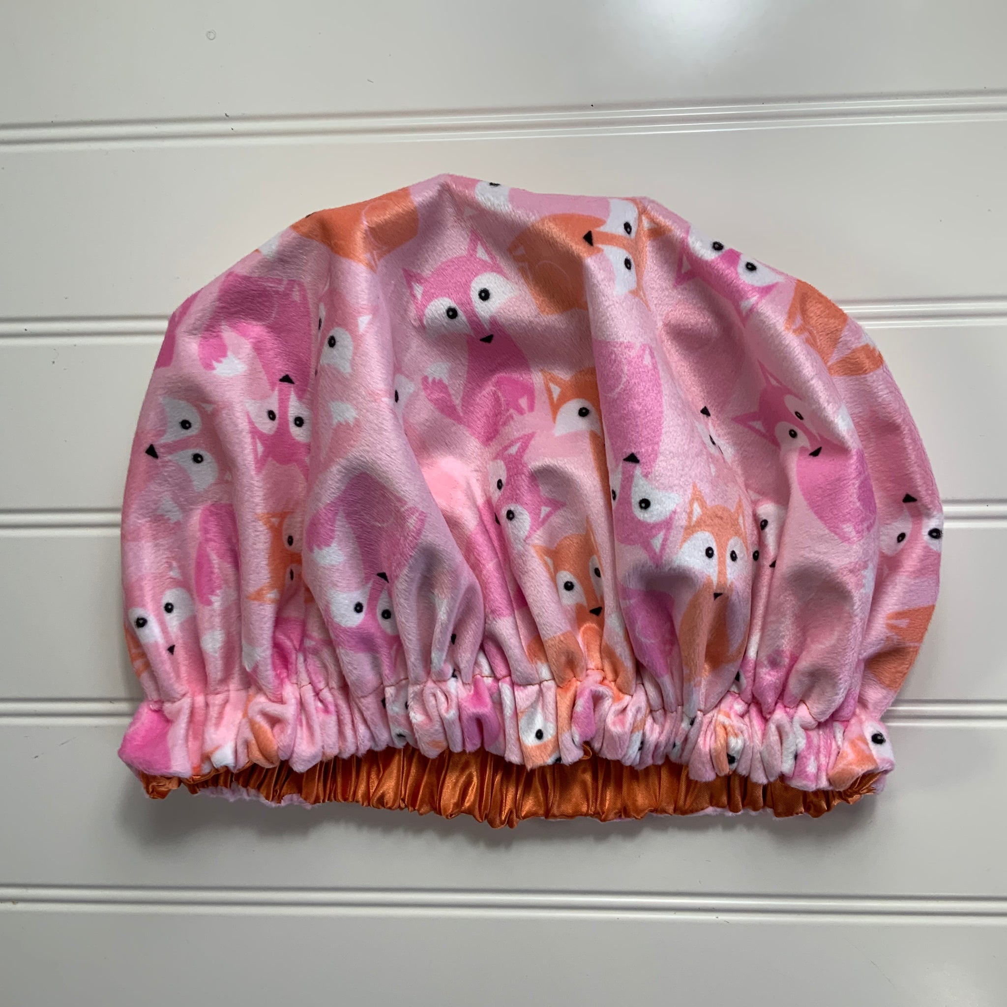 Foxes on Pink Plush Satin Lined Bonnet Orange