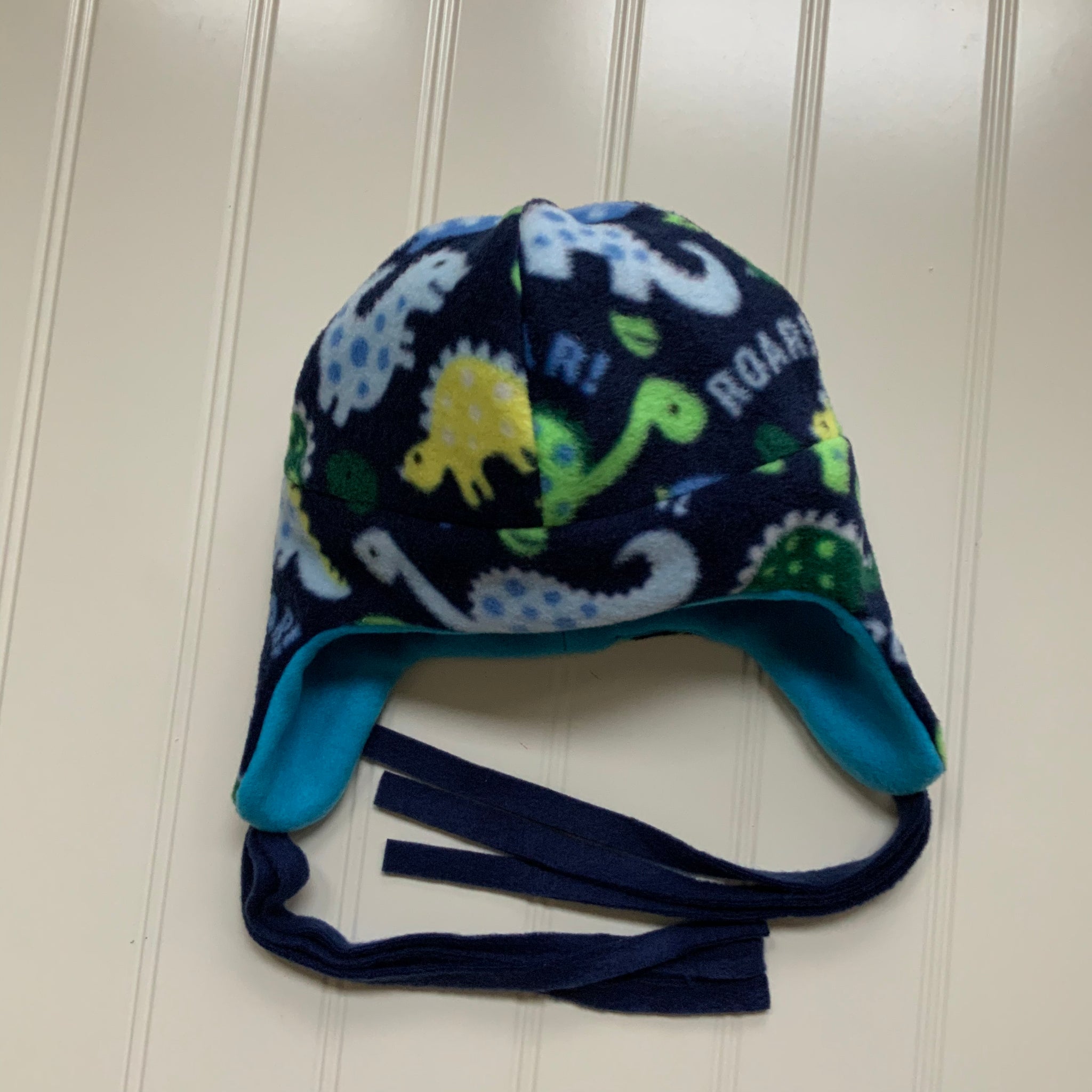 Reversible Dino Kids Fleece Beanie Hat with Earflaps and Ties