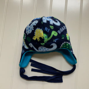 Reversible Dino Kids Fleece Beanie Hat with Earflaps and Ties