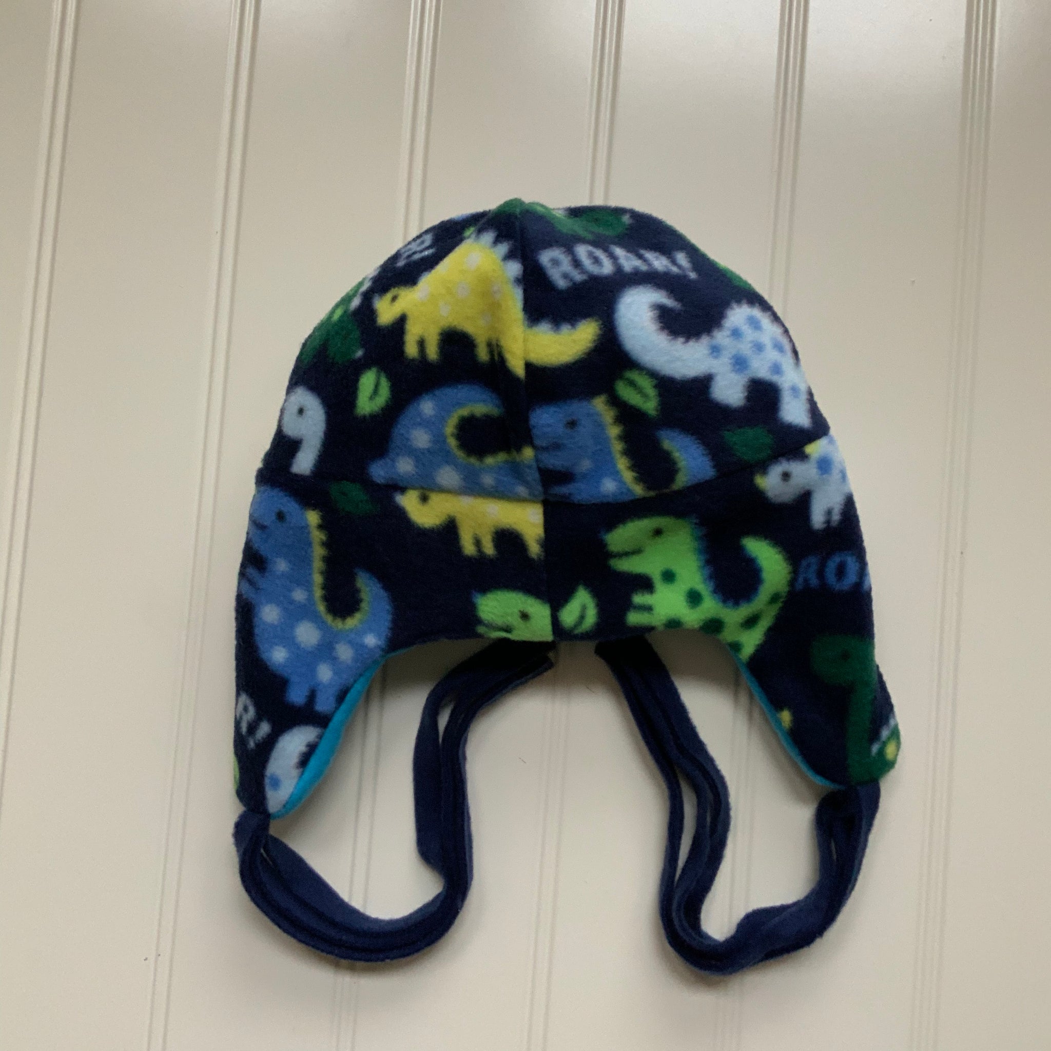 Reversible Dino Kids Fleece Beanie Hat with Earflaps and Ties