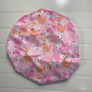 Foxes on Pink Plush Satin Lined Bonnet Orange