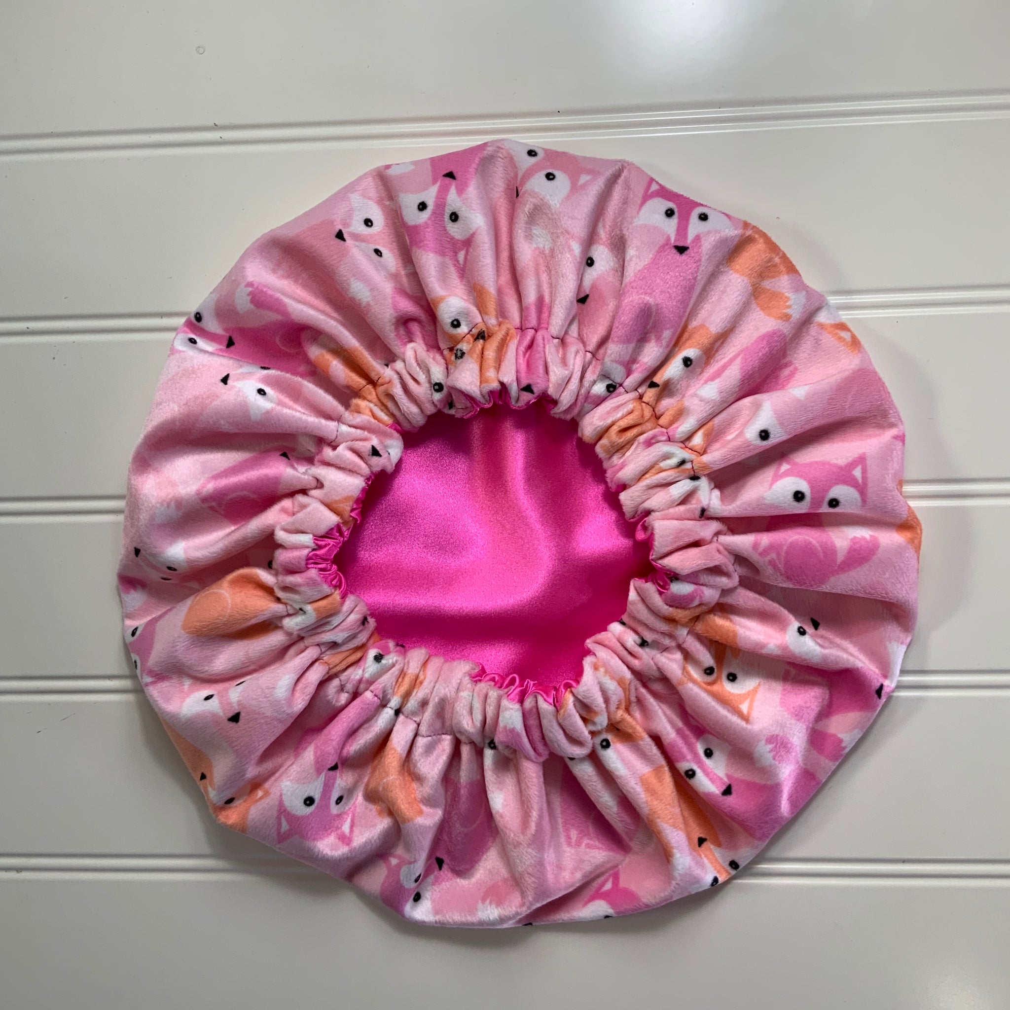 Foxes on Pink Plush Satin Lined Bonnet Electric Pink