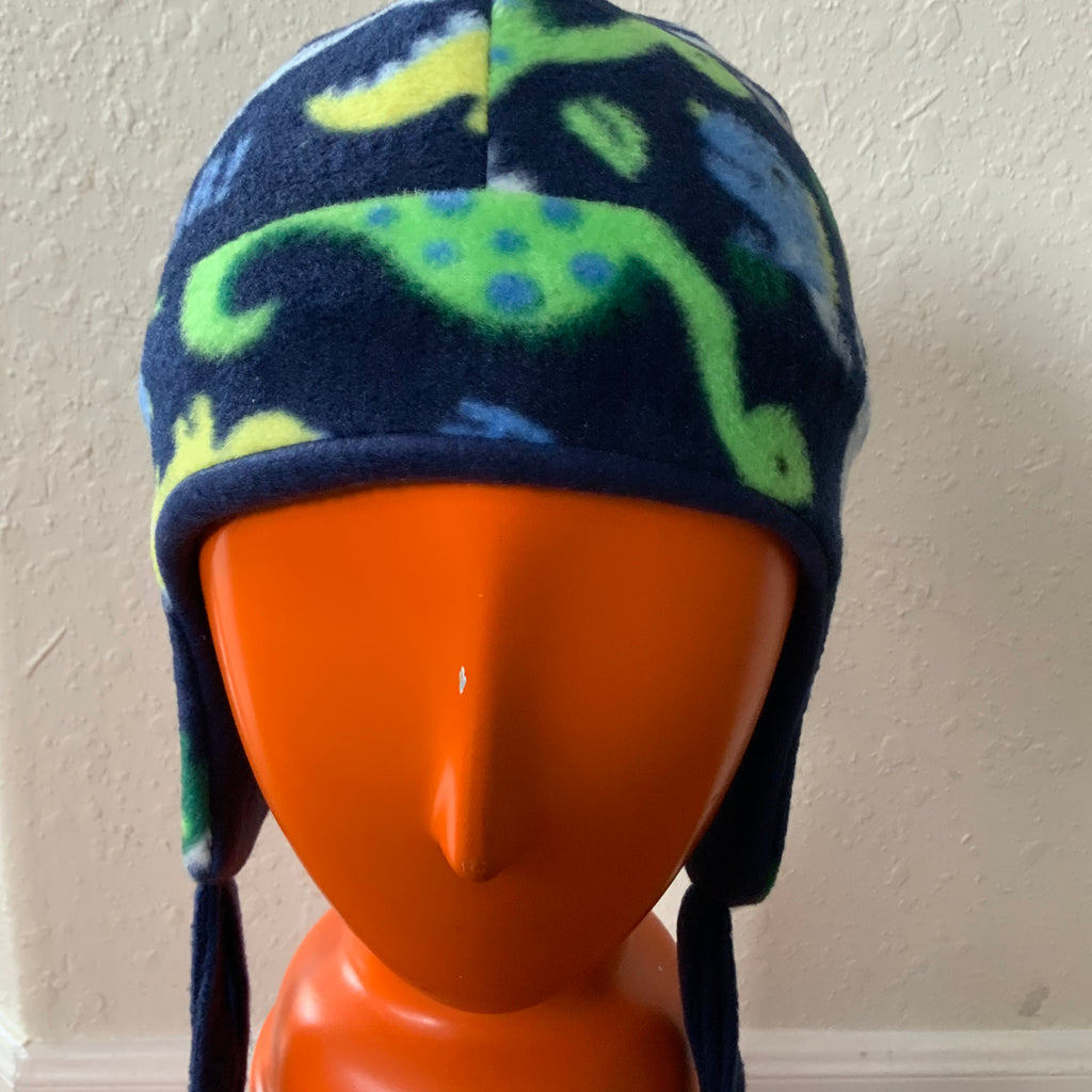 Kids Reversible Dino Fleece Beanie Hat with Earflaps and Ties