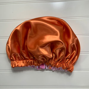 Foxes on Pink Plush Satin Lined Bonnet Orange